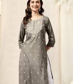 Dusty brown cotton blend woven mirror embroidery kurta for women