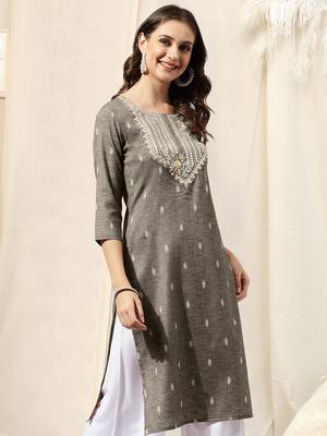 Dusty brown cotton blend woven mirror embroidery kurta for women 2