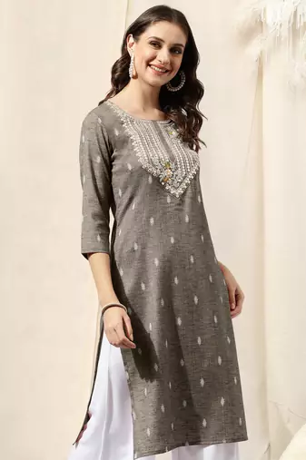 Dusty brown cotton blend woven mirror embroidery kurta for women