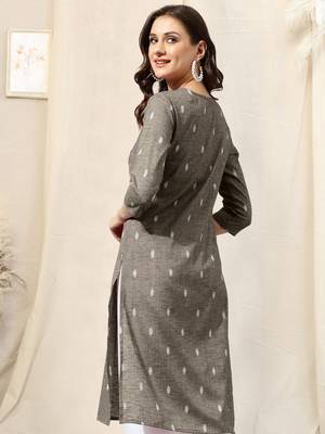 Dusty brown cotton blend woven mirror embroidery kurta for women 3