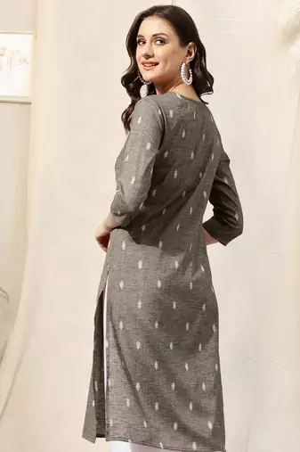 Dusty brown cotton blend woven mirror embroidery kurta for women