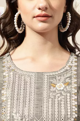Dusty brown cotton blend woven mirror embroidery kurta for women