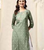 Dusty green cotton blend woven mirror embroidery kurta for women