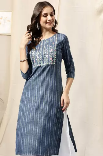 Blue white cotton blend woven zari mirror embroidery kurta for women