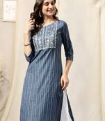 Blue white cotton blend woven zari mirror embroidery kurta for women
