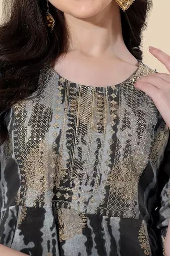 Grey cotton sequins embroidery foil gotta patti kurta for women