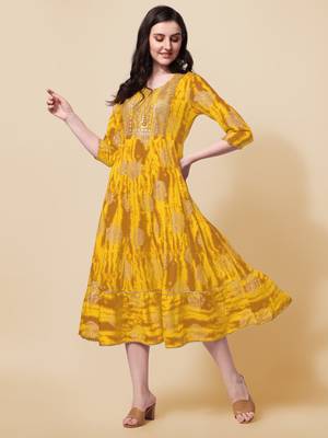 Yellow cotton sequins embroidery foil gotta patti kurta for women 1