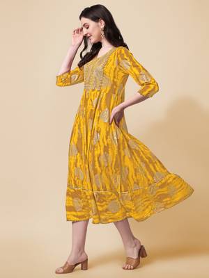 Yellow cotton sequins embroidery foil gotta patti kurta for women 2