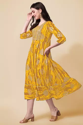 Yellow cotton sequins embroidery foil gotta patti kurta for women