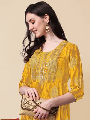 Yellow cotton sequins embroidery foil gotta patti kurta for women 4