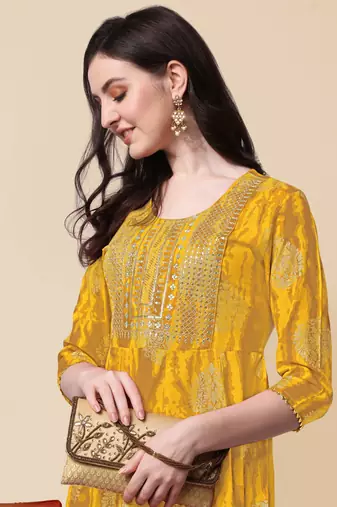 Yellow cotton sequins embroidery foil gotta patti kurta for women