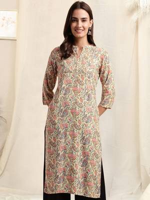 Cream pink rayon jaipuri floral print pintuck buttons kurta for women 1