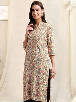 Cream pink rayon jaipuri floral print pintuck buttons kurta for women 2