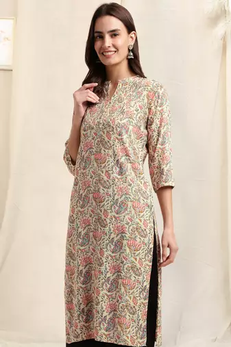 Cream pink rayon jaipuri floral print pintuck buttons kurta for women