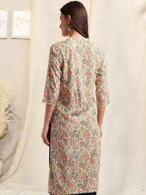 Cream pink rayon jaipuri floral print pintuck buttons kurta for women 3