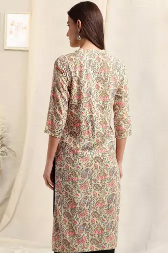 Cream pink rayon jaipuri floral print pintuck buttons kurta for women