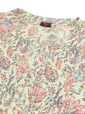 Cream pink rayon jaipuri floral print pintuck buttons kurta for women 5