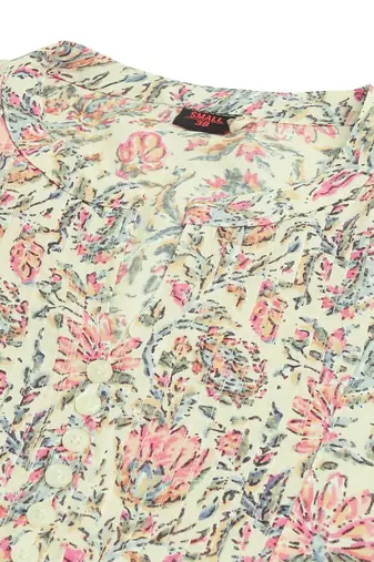 Cream pink rayon jaipuri floral print pintuck buttons kurta for women