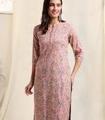 Pink sky blue rayon jaipuri floral print pintuck buttons kurta for women