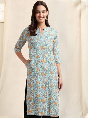 Sky blue mustard rayon jaipuri floral print pintuck buttons kurta for women 1