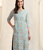 Sky blue mustard rayon jaipuri floral print pintuck buttons kurta for women