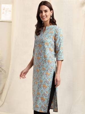 Sky blue mustard rayon jaipuri floral print pintuck buttons kurta for women 2