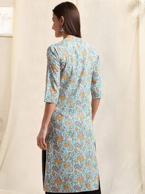 Sky blue mustard rayon jaipuri floral print pintuck buttons kurta for women 3