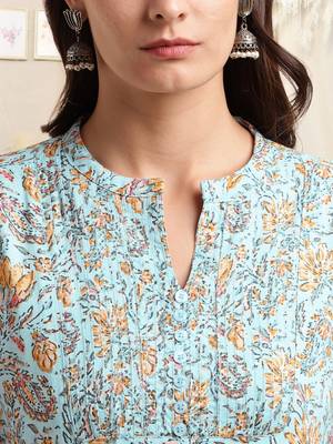 Sky blue mustard rayon jaipuri floral print pintuck buttons kurta for women 4