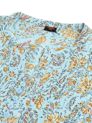 Sky blue mustard rayon jaipuri floral print pintuck buttons kurta for women 5