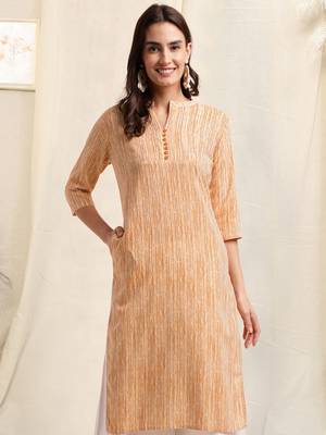 Cream orange rayon abstract lines printed pintuck buttons kurta for women 1