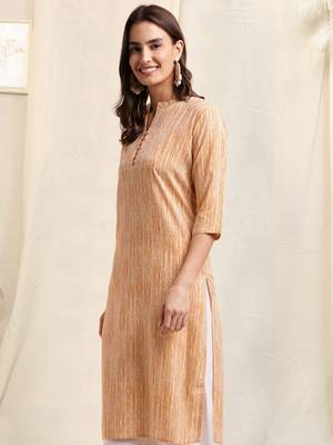 Cream orange rayon abstract lines printed pintuck buttons kurta for women 2