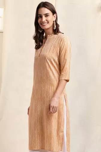 Cream orange rayon abstract lines printed pintuck buttons kurta for women