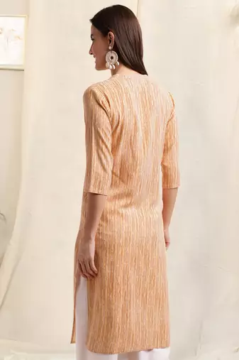 Cream orange rayon abstract lines printed pintuck buttons kurta for women