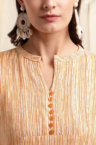Cream orange rayon abstract lines printed pintuck buttons kurta for women
