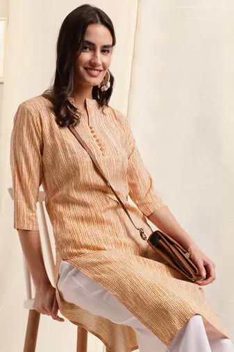 Cream orange rayon abstract lines printed pintuck buttons kurta for women
