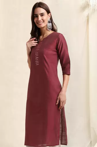 Maroon art silk mirror embroidery pintuck pattern kurta for women
