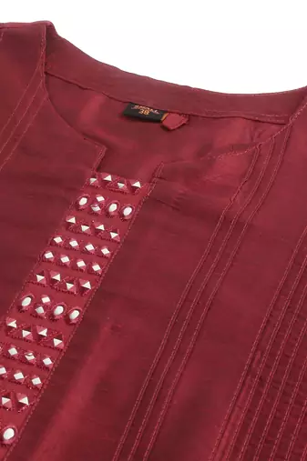 Maroon art silk mirror embroidery pintuck pattern kurta for women