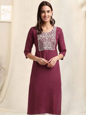 Wine white rayon sequins embroidery solid pattern kurta for women 1