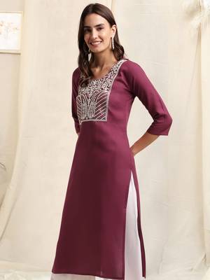 Wine white rayon sequins embroidery solid pattern kurta for women 2