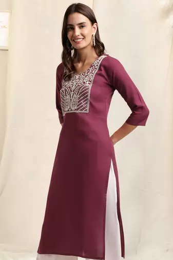Wine white rayon sequins embroidery solid pattern kurta for women