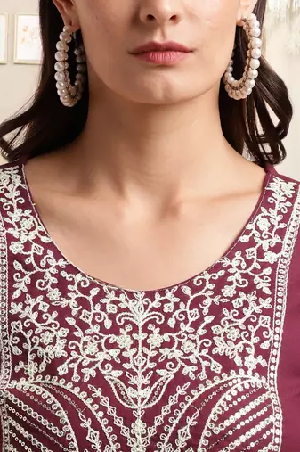 Wine white rayon sequins embroidery solid pattern kurta for women