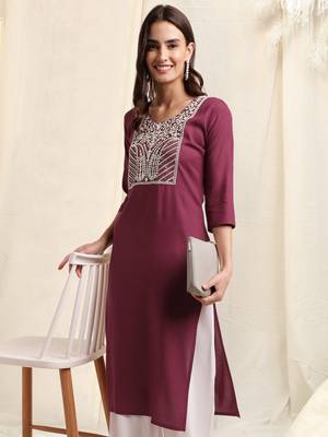 Wine white rayon sequins embroidery solid pattern kurta for women 5