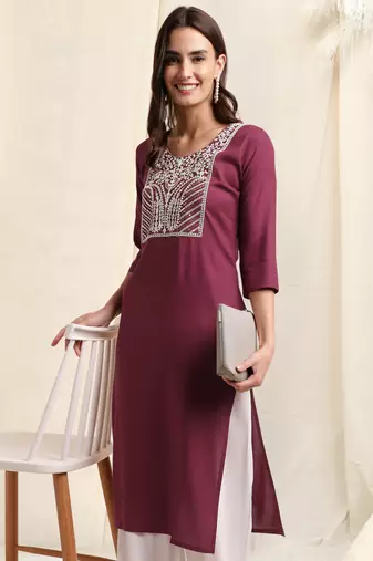 Wine white rayon sequins embroidery solid pattern kurta for women