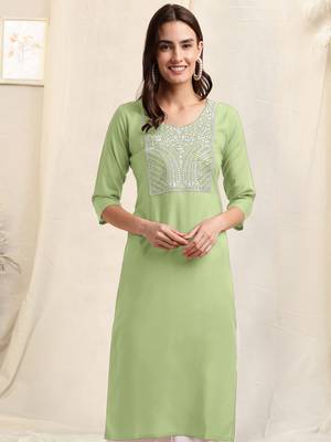 Pista green white rayon sequins embroidery plain pattern kurta for women 1