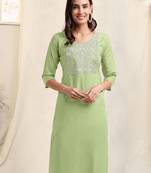 Pista green white rayon sequins embroidery plain pattern kurta for women