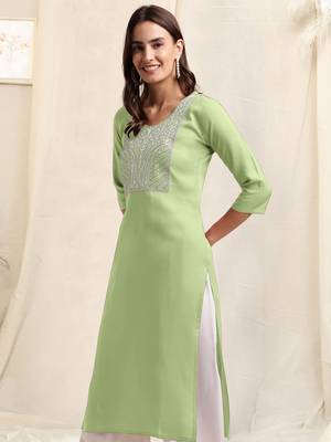 Pista green white rayon sequins embroidery plain pattern kurta for women 2