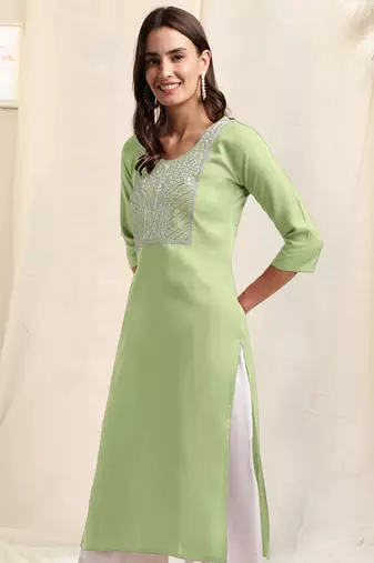 Pista green white rayon sequins embroidery plain pattern kurta for women