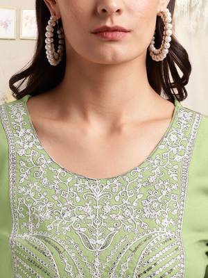 Pista green white rayon sequins embroidery plain pattern kurta for women 4