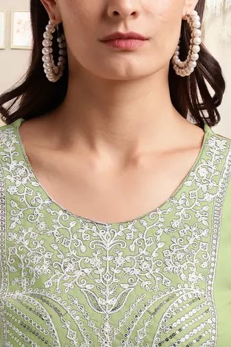 Pista green white rayon sequins embroidery plain pattern kurta for women