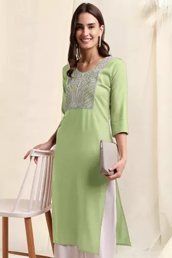 Pista green white rayon sequins embroidery plain pattern kurta for women
